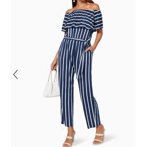 Marella Raggio Off-Shoulder Jumpsuit Blue White Striped Tie Waist Women's Size L